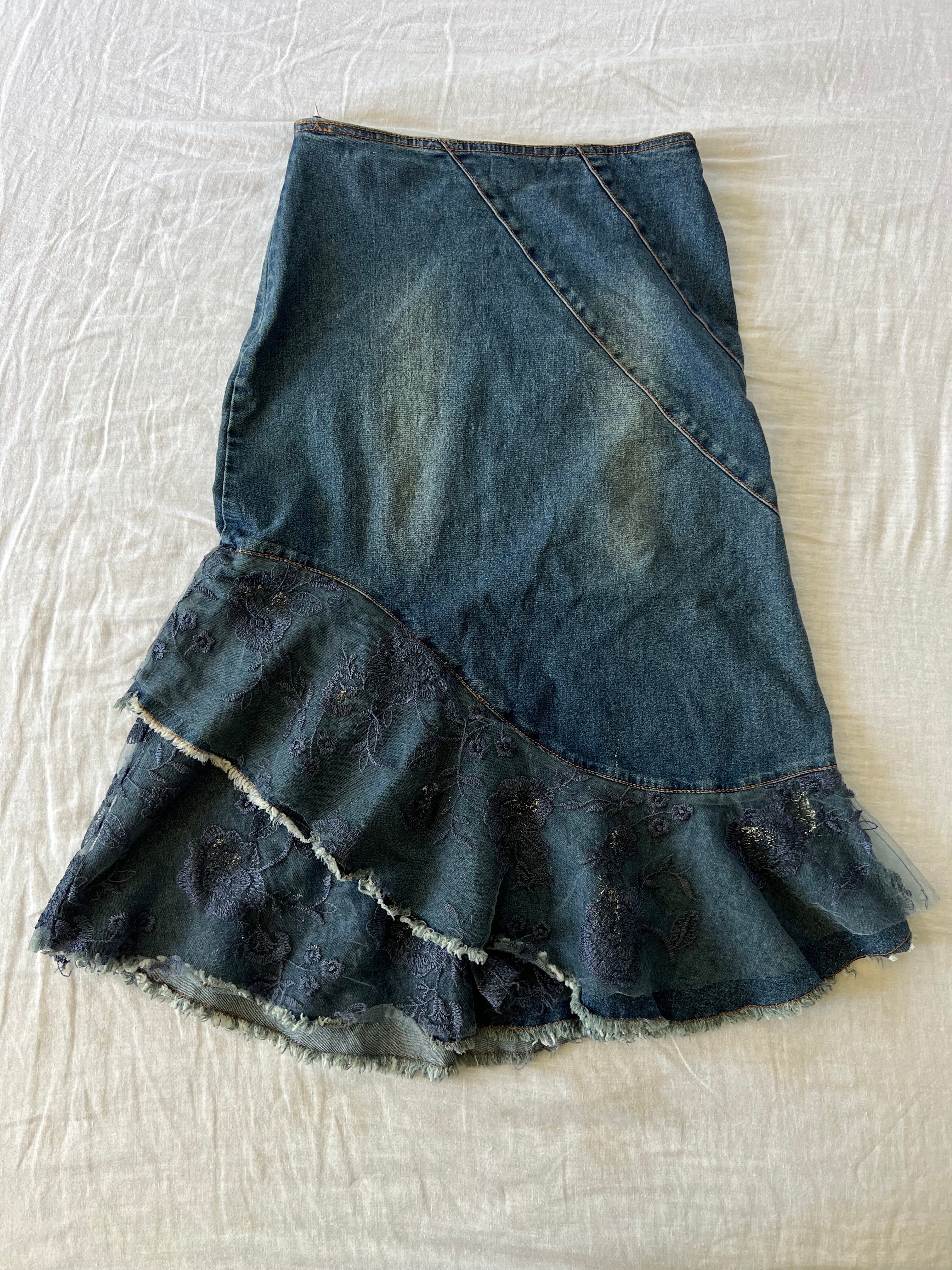 Y2K Euro Fairy Midi Beaded Denim Skirt