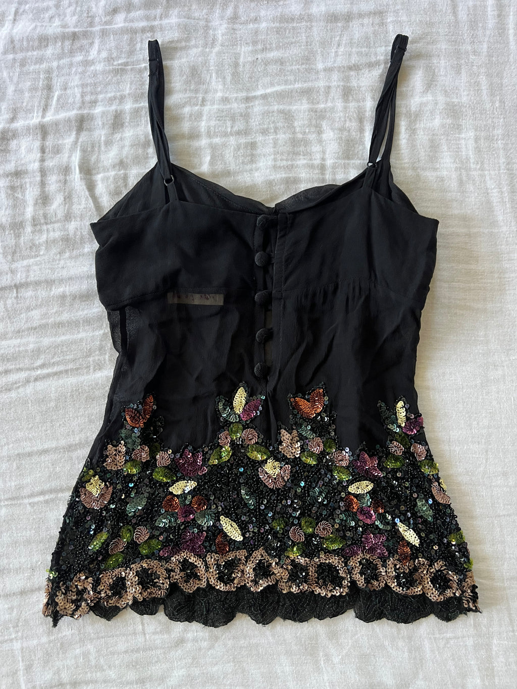 100% Silk Euro Black Floral Sequin Cami