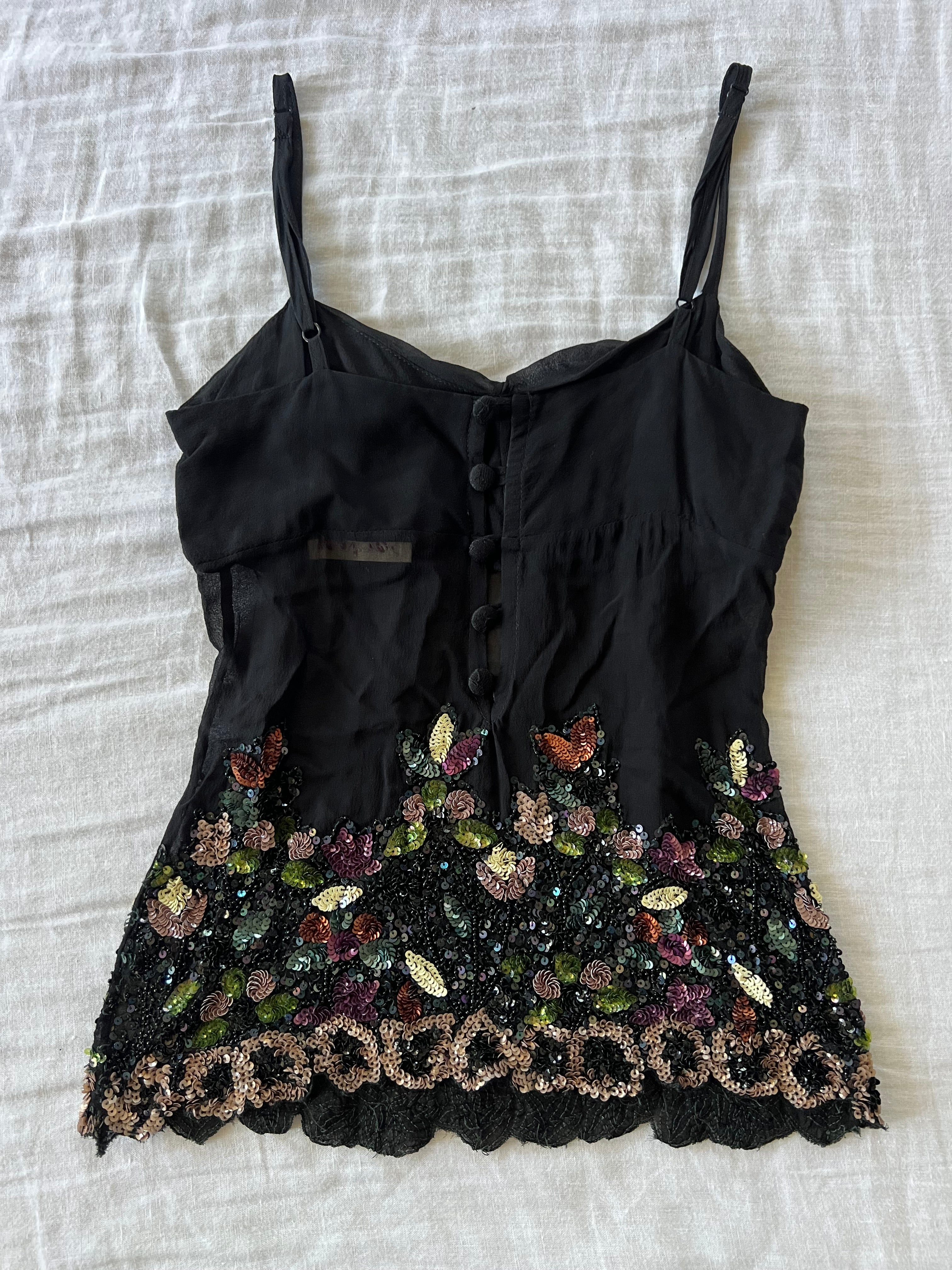 100% Silk Euro Black Floral Sequin Cami
