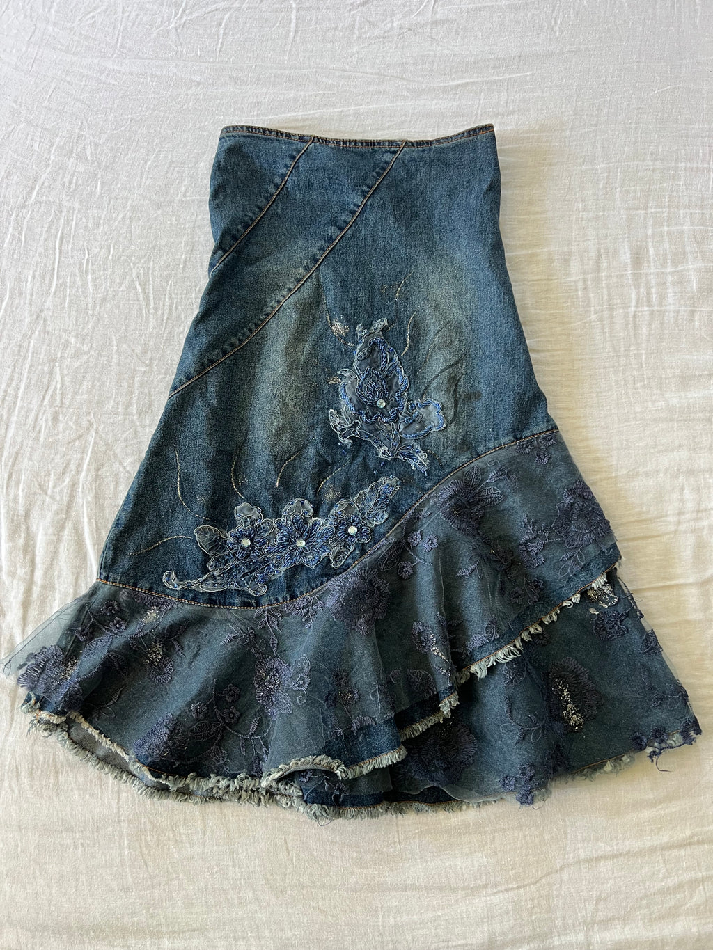 Y2K Euro Fairy Midi Beaded Denim Skirt