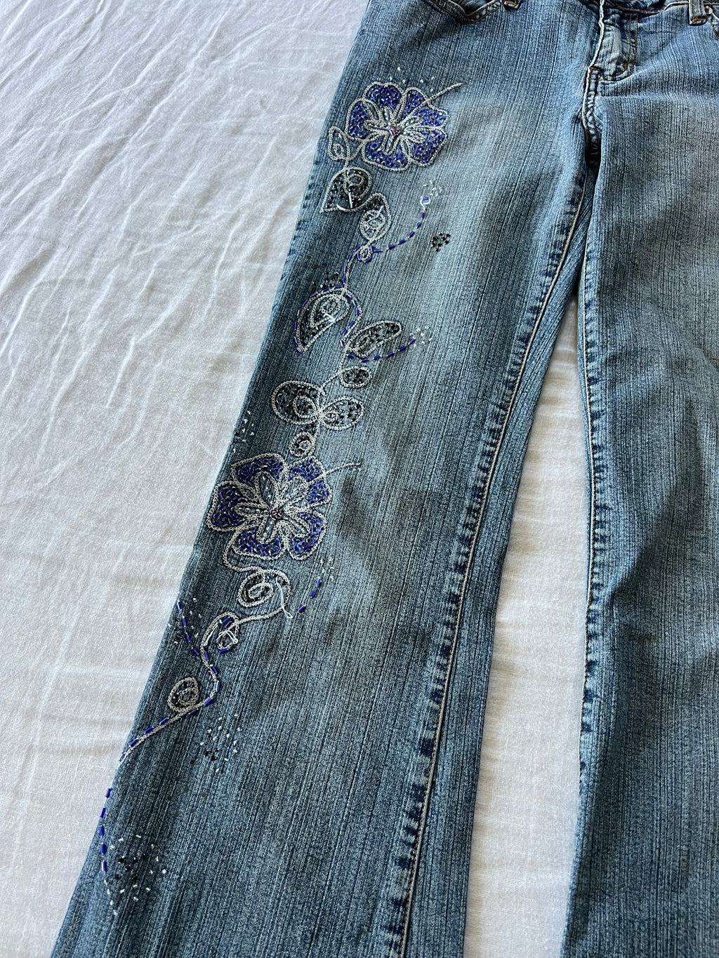 Y2K Euro Low Rise Flared Beaded Floral Jeans