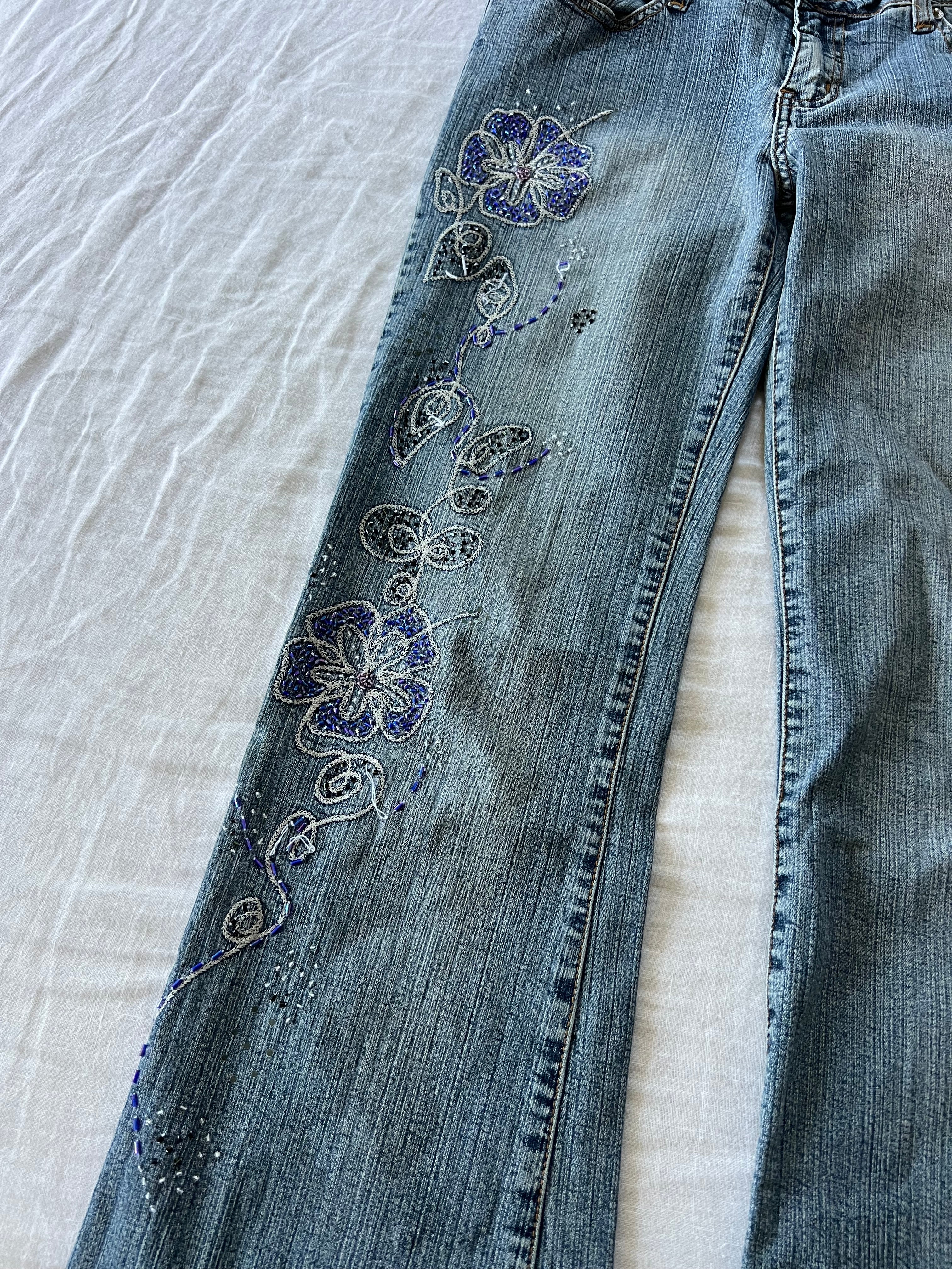 Y2K Euro Low Rise Flared Beaded Floral Jeans