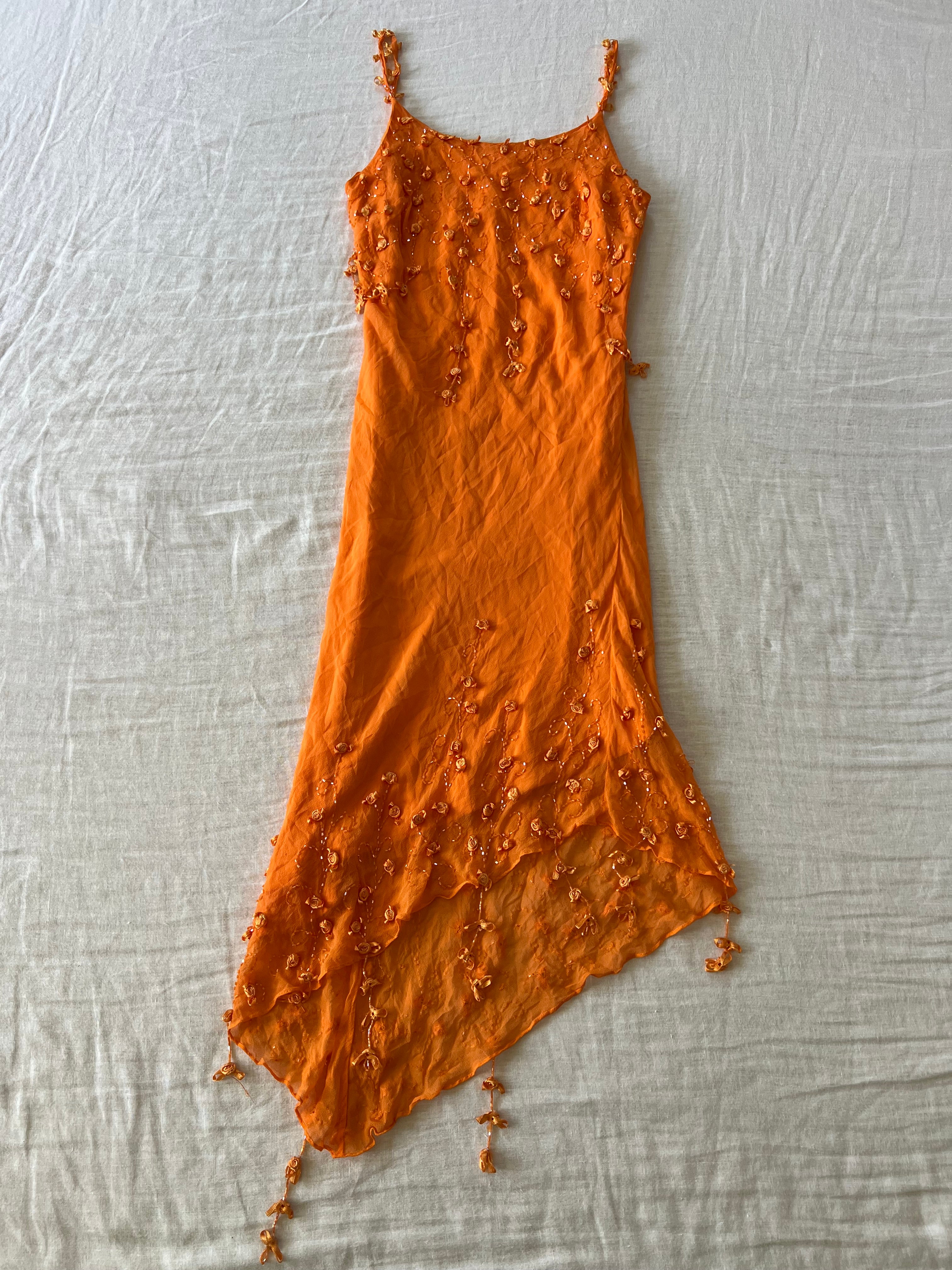 100% Silk Y2K Euro Orange Summer Beaded Droplet Dress