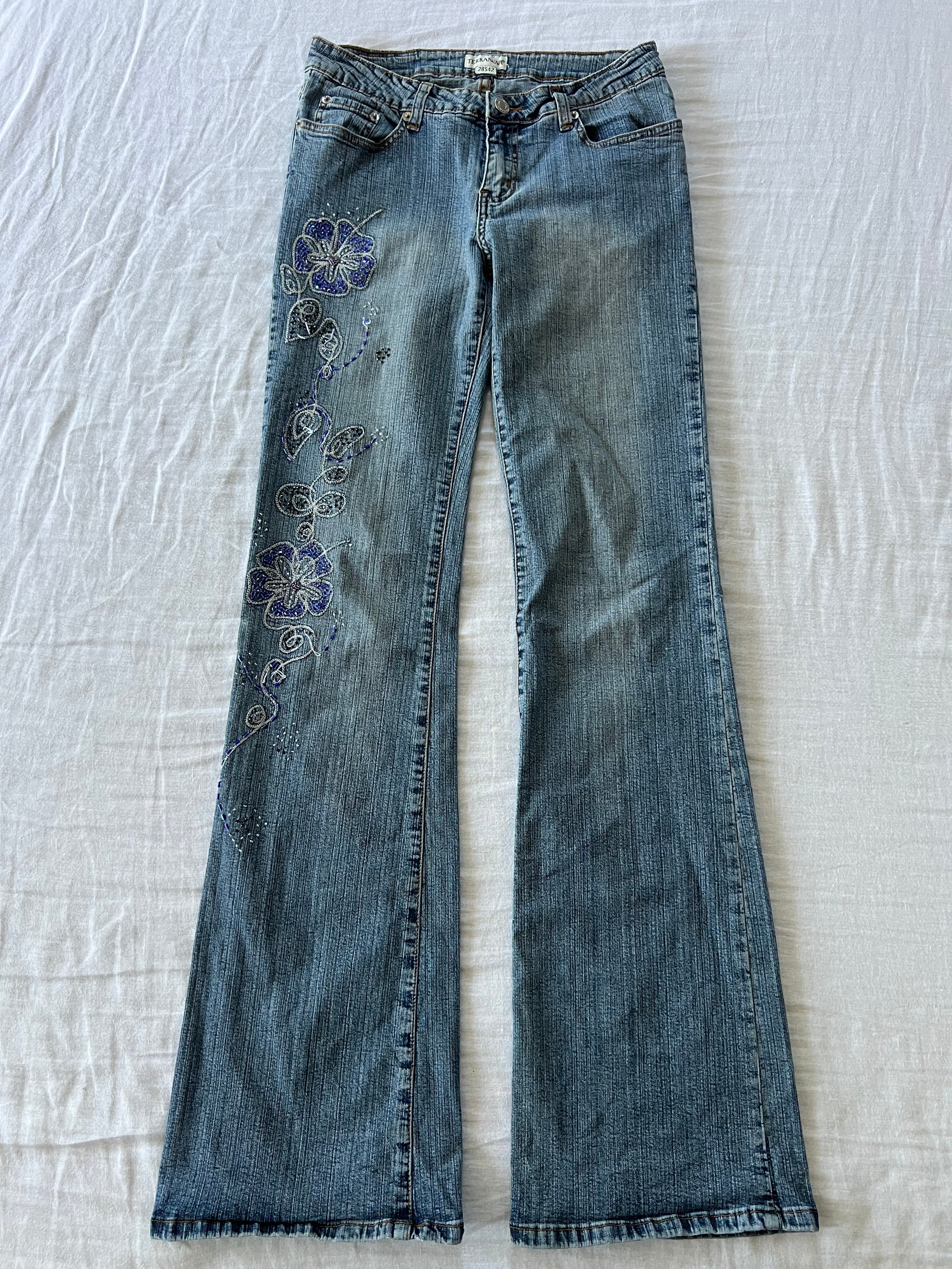Y2K Euro Low Rise Flared Beaded Floral Jeans