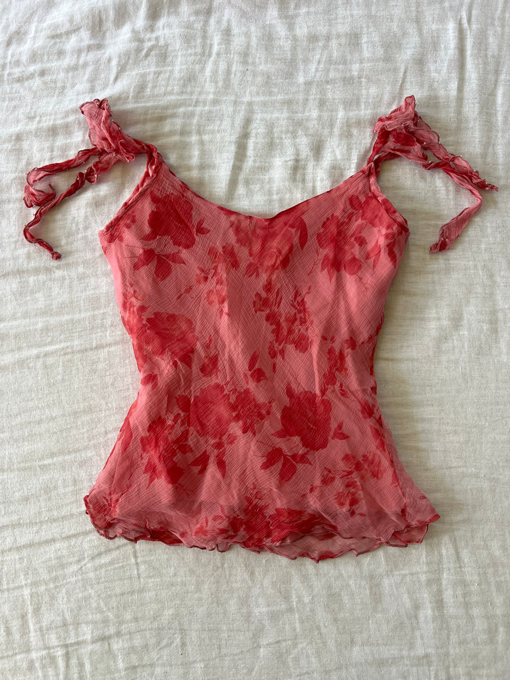 100% Silk Y2K Rose Red Beaded Cami
