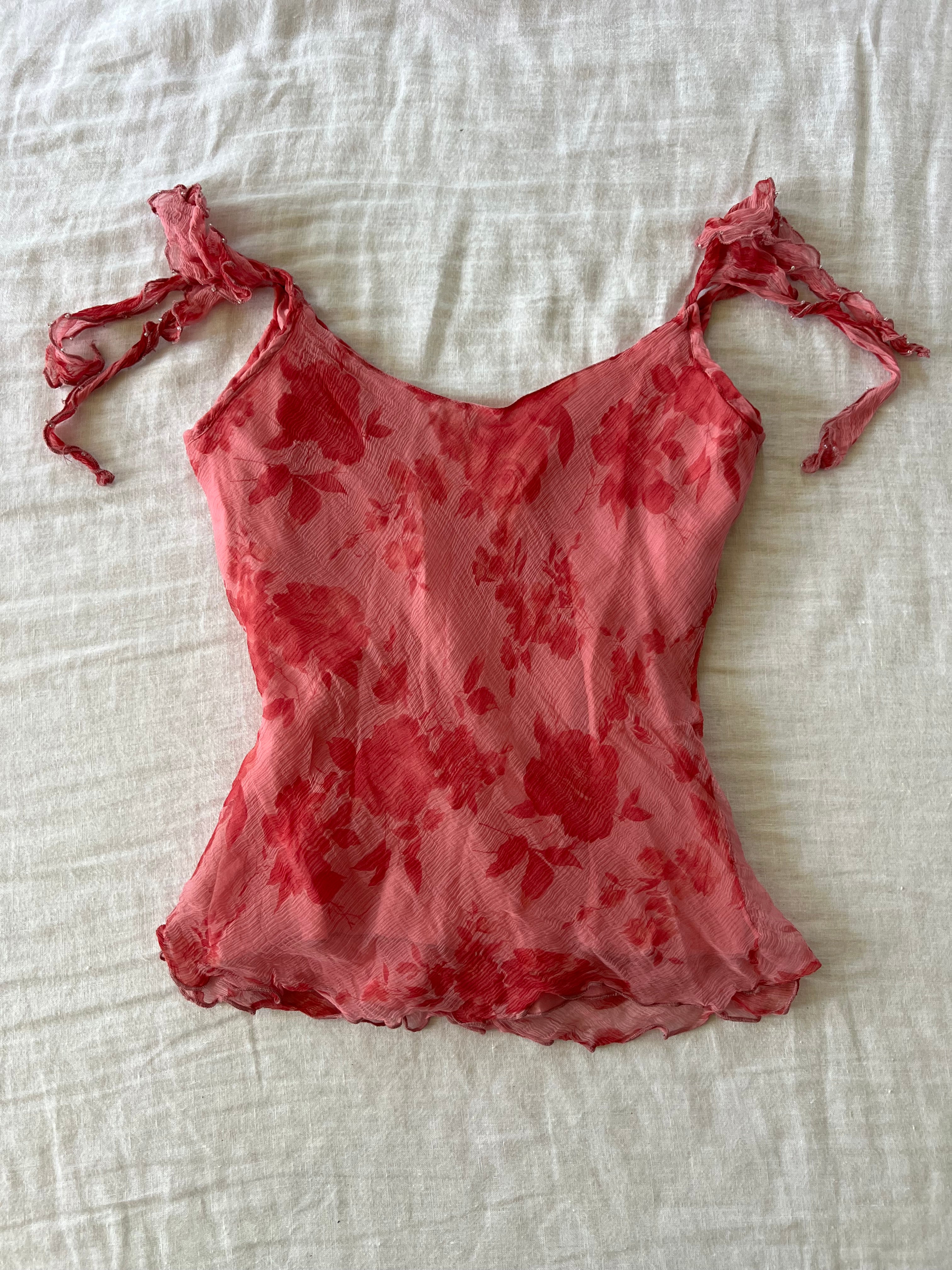 100% Silk Y2K Rose Red Beaded Cami