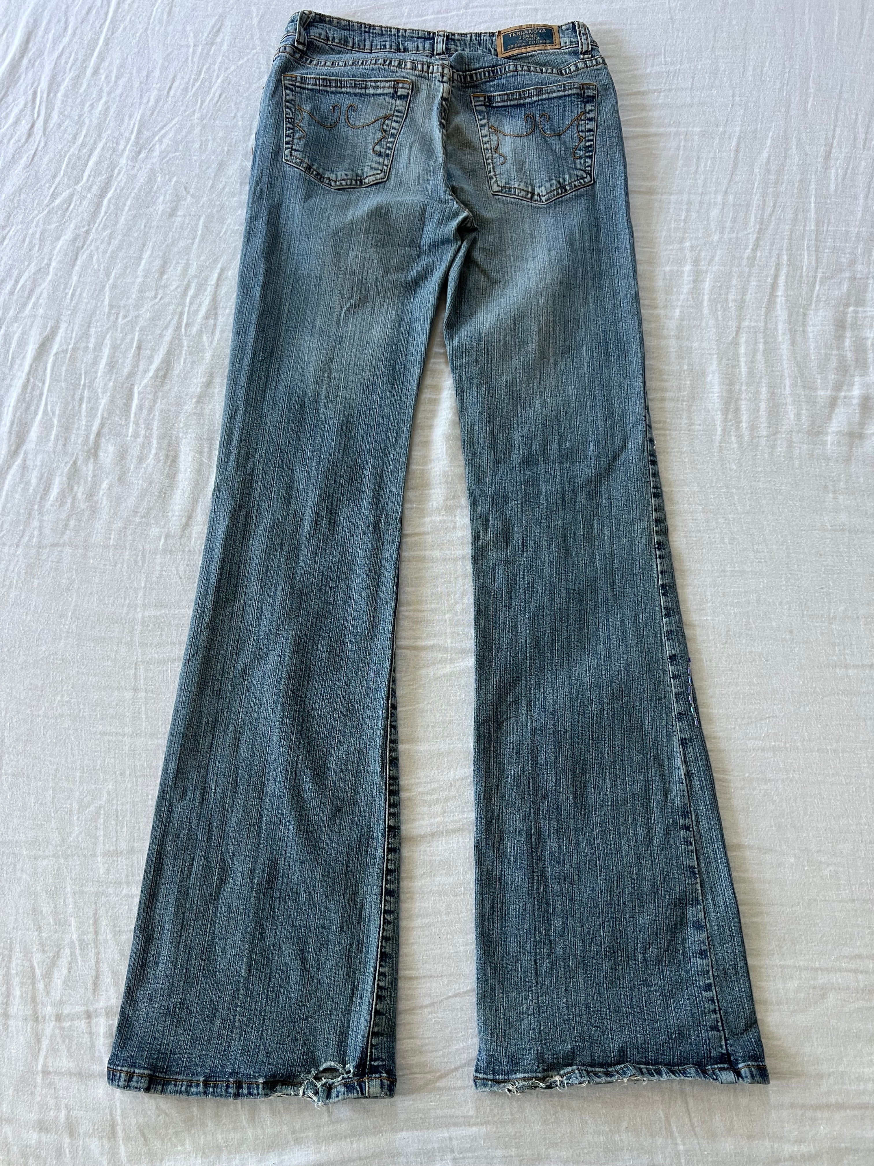 Y2K Euro Low Rise Flared Beaded Floral Jeans