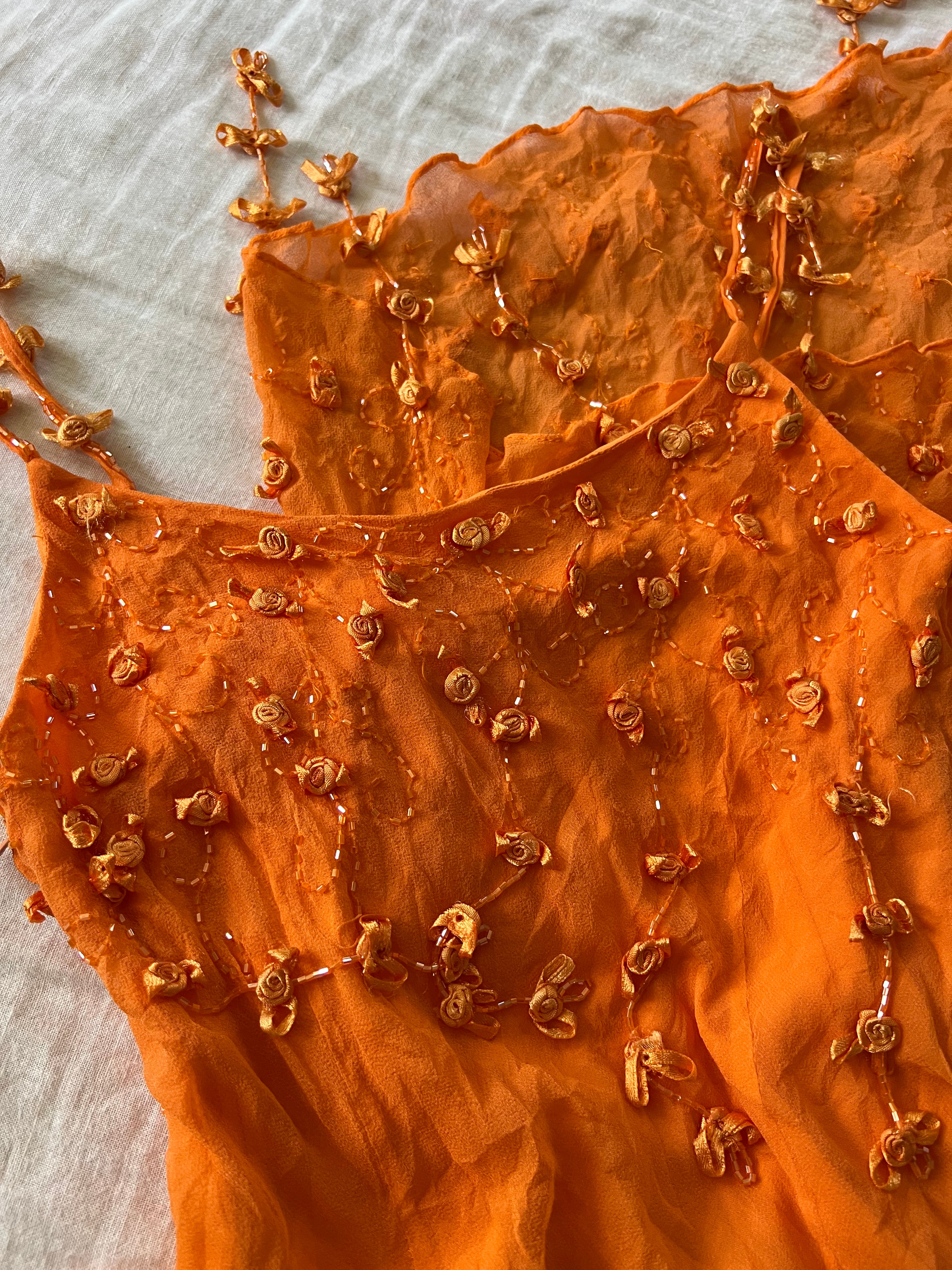 100% Silk Y2K Euro Orange Summer Beaded Droplet Dress