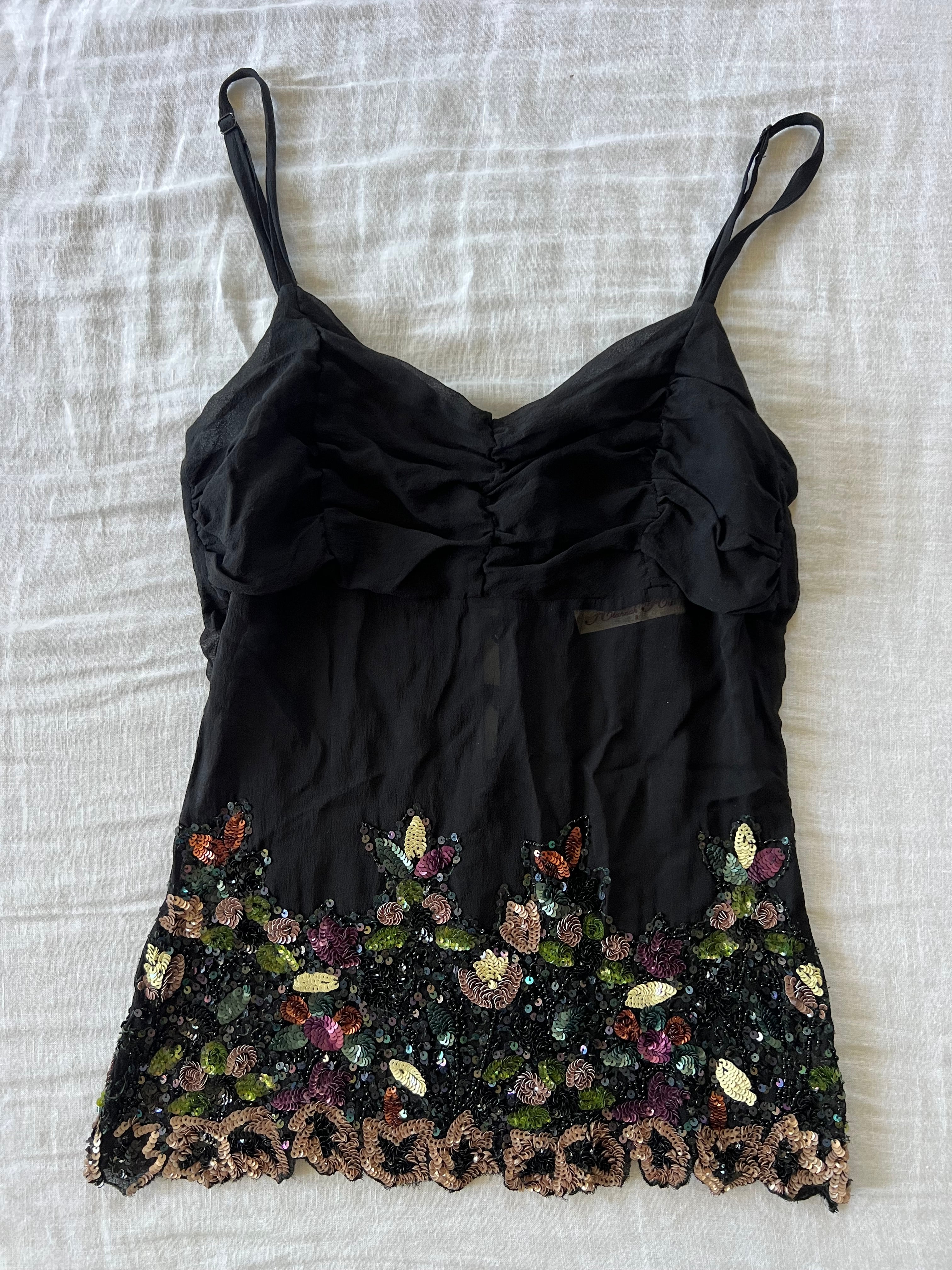 100% Silk Euro Black Floral Sequin Cami