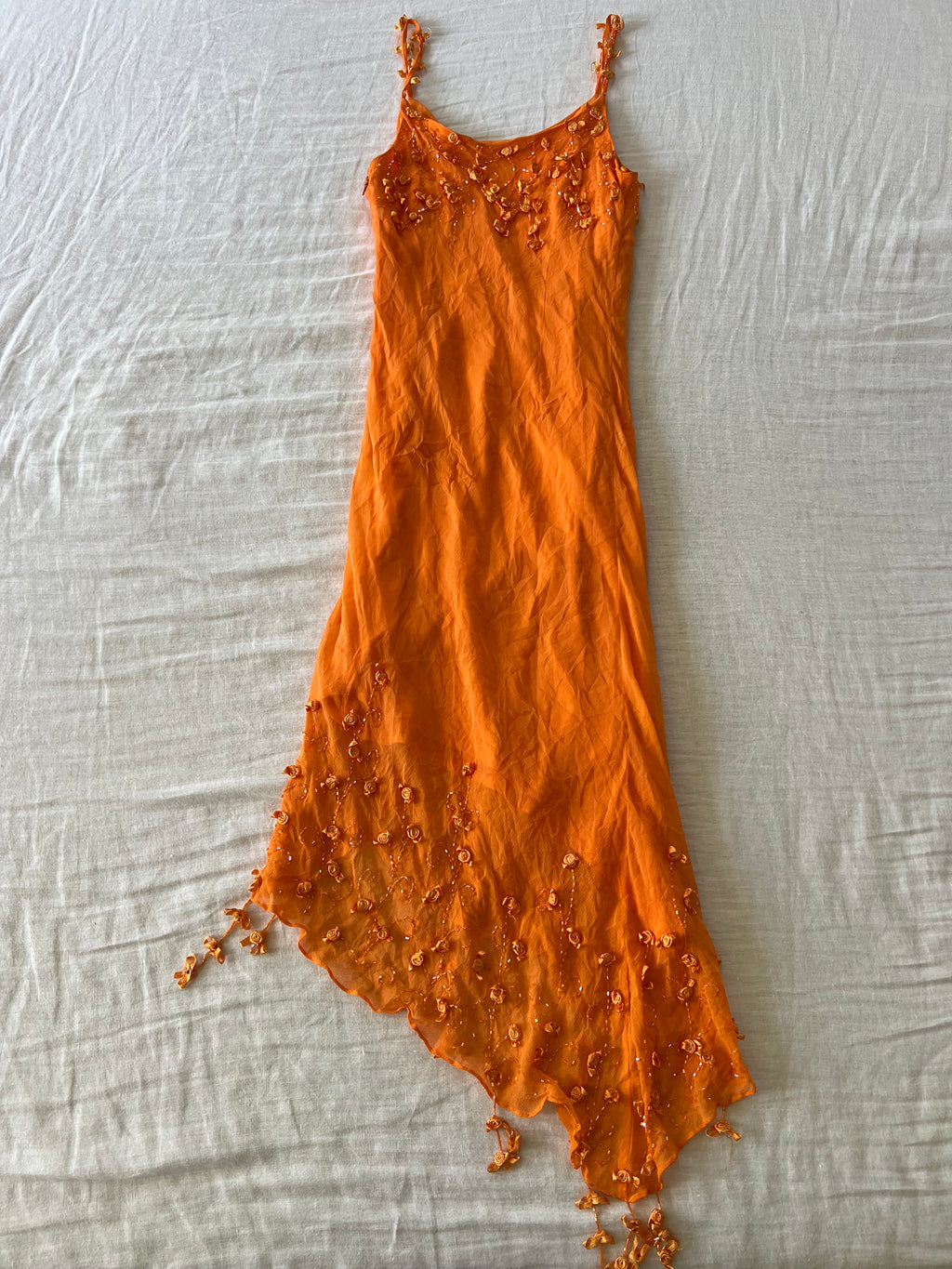 100% Silk Y2K Euro Orange Summer Beaded Droplet Dress