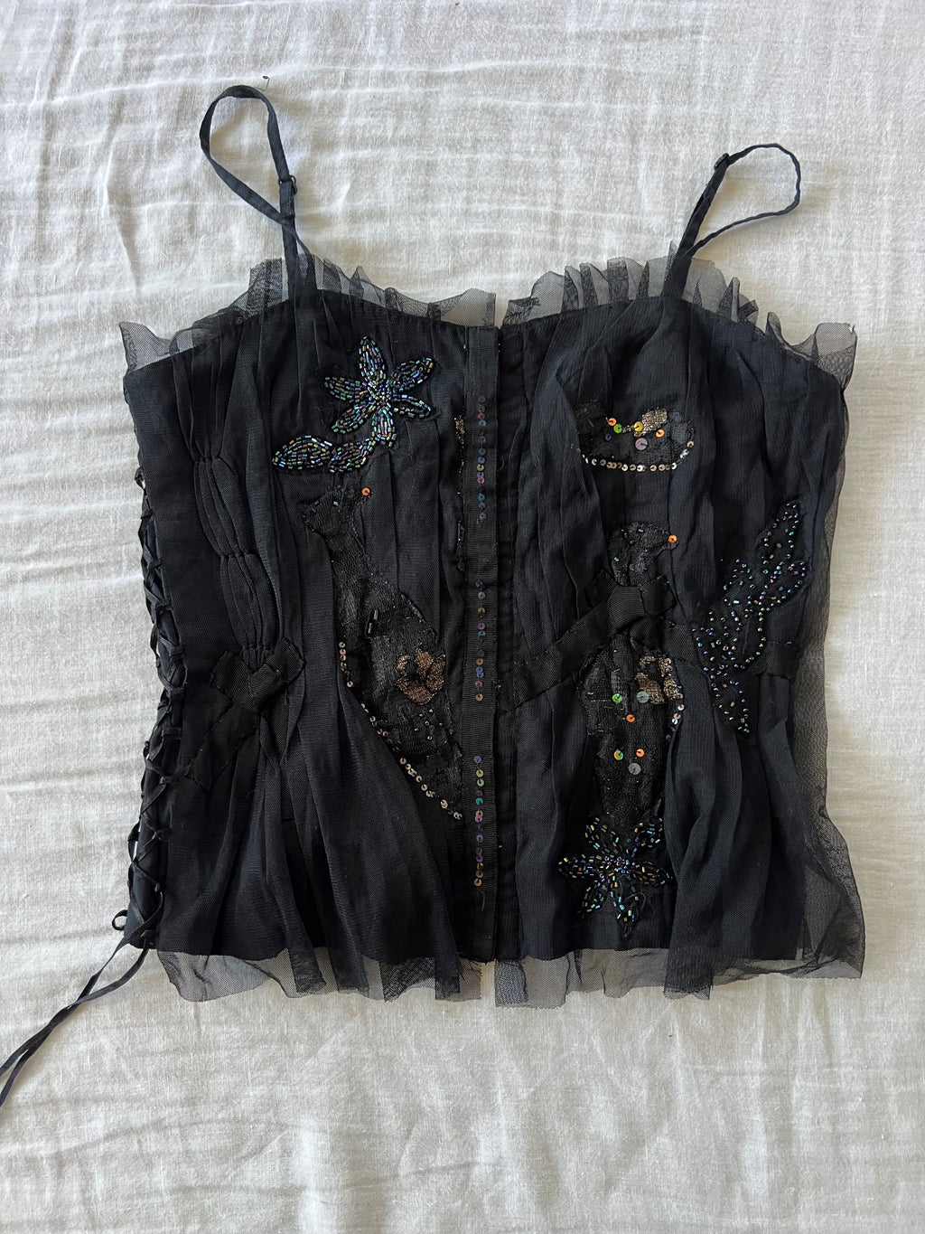 Y2K French Corset Ruffled Beaded Top