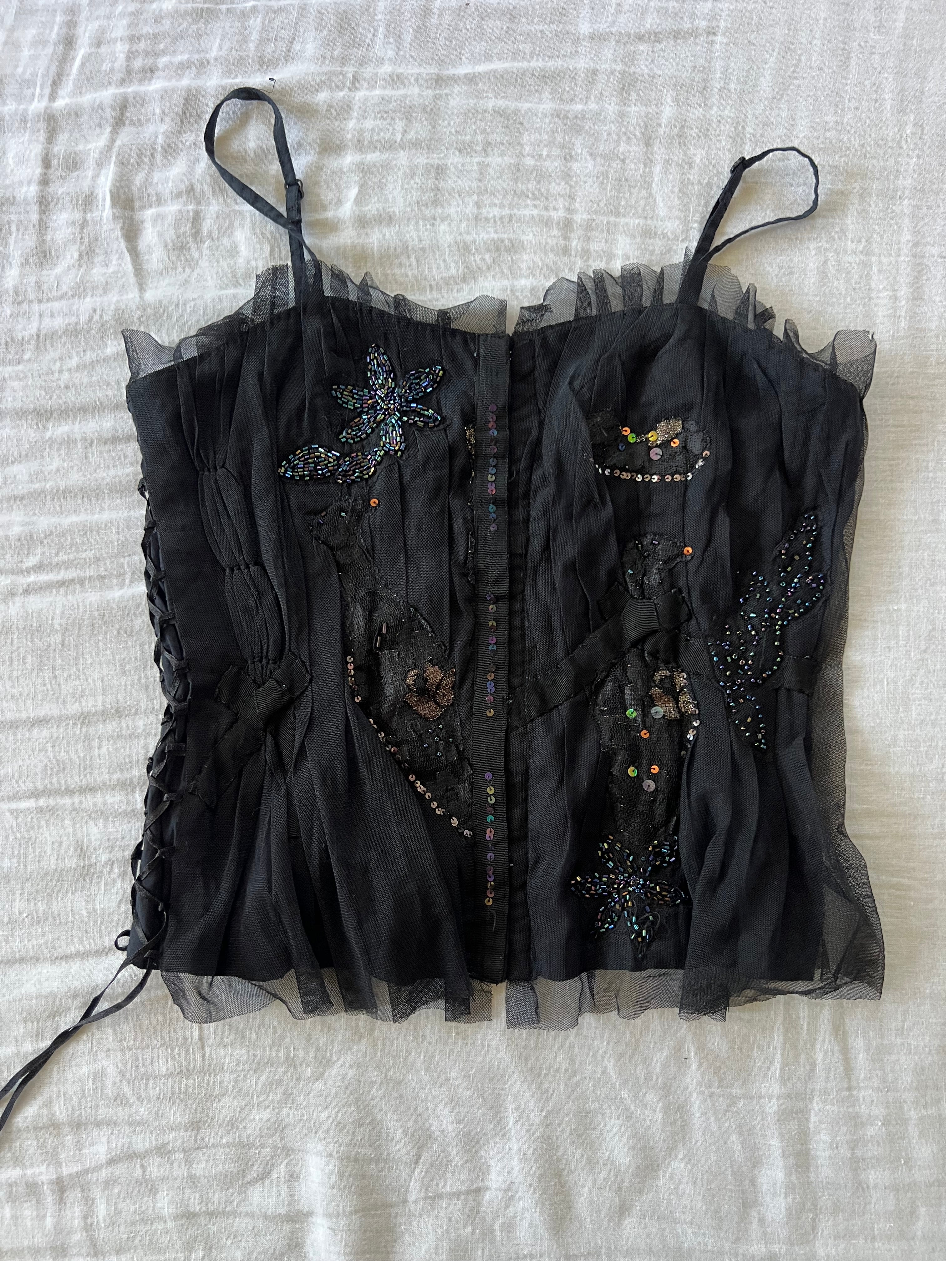 Y2K French Corset Ruffled Beaded Top