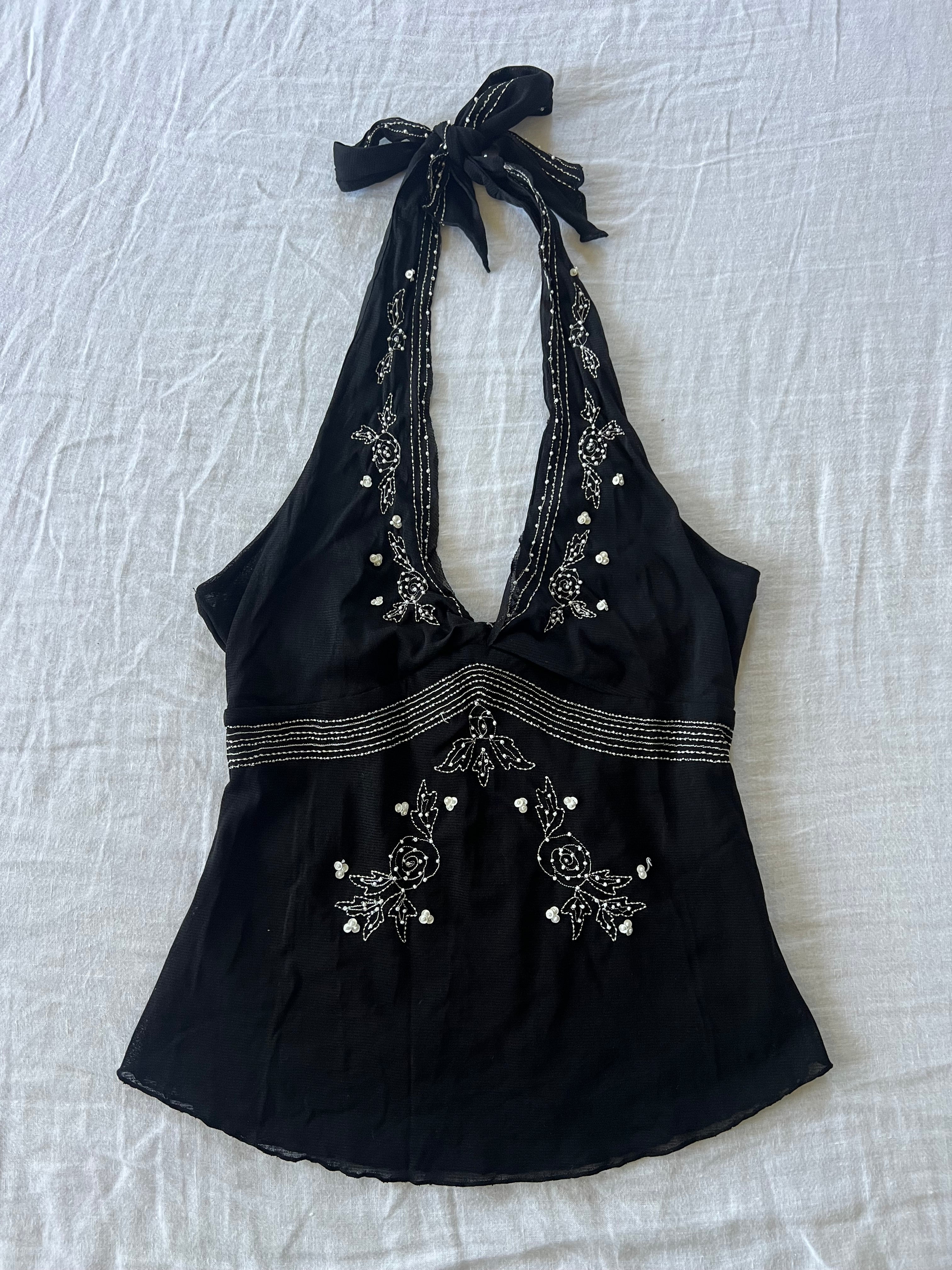 Y2K Beaded Rose Halter Top