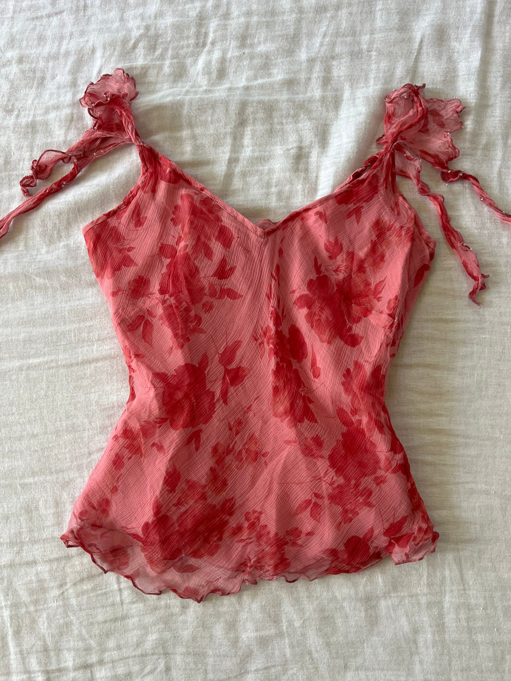 100% Silk Y2K Rose Red Beaded Cami