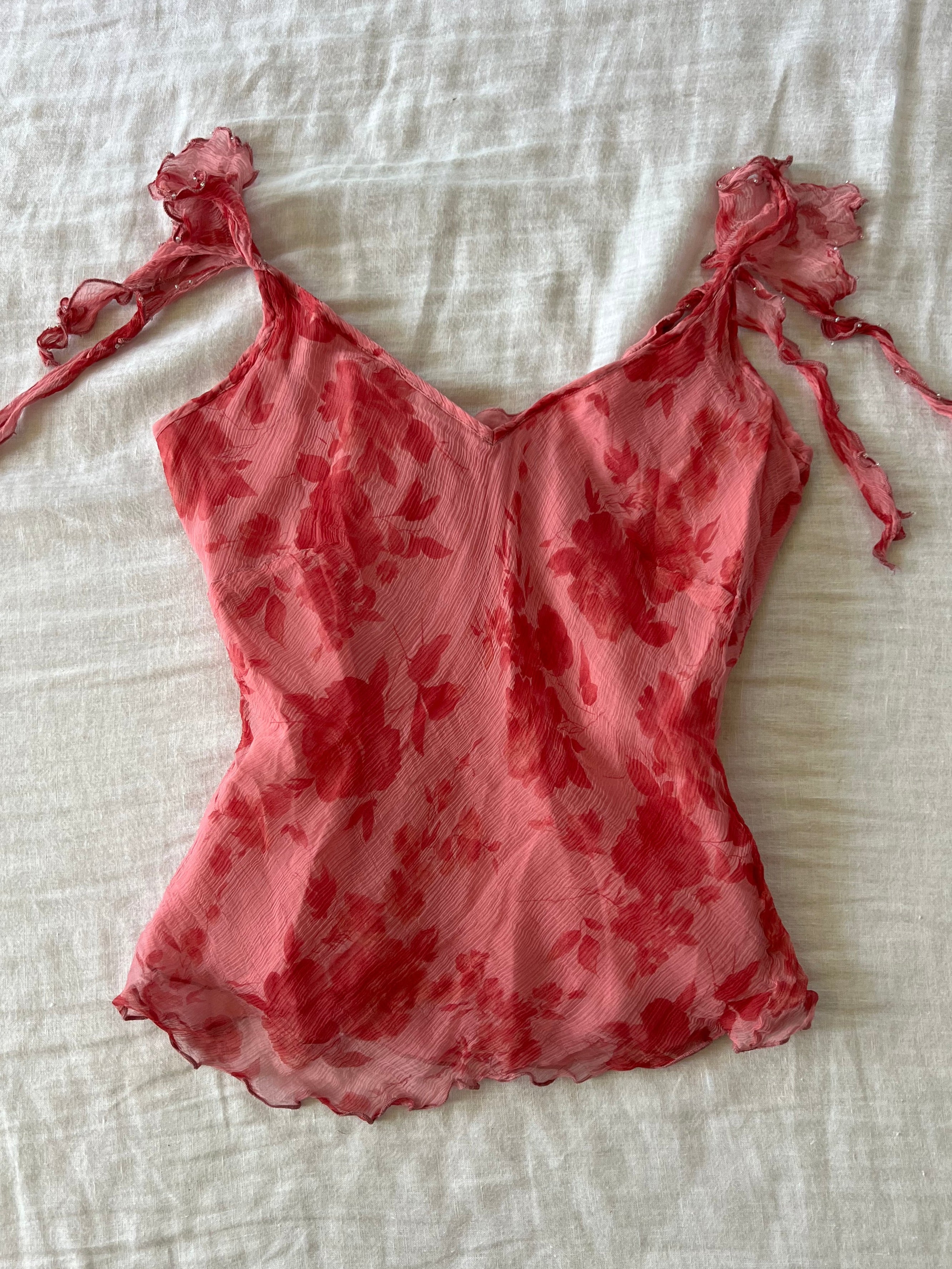 100% Silk Y2K Rose Red Beaded Cami