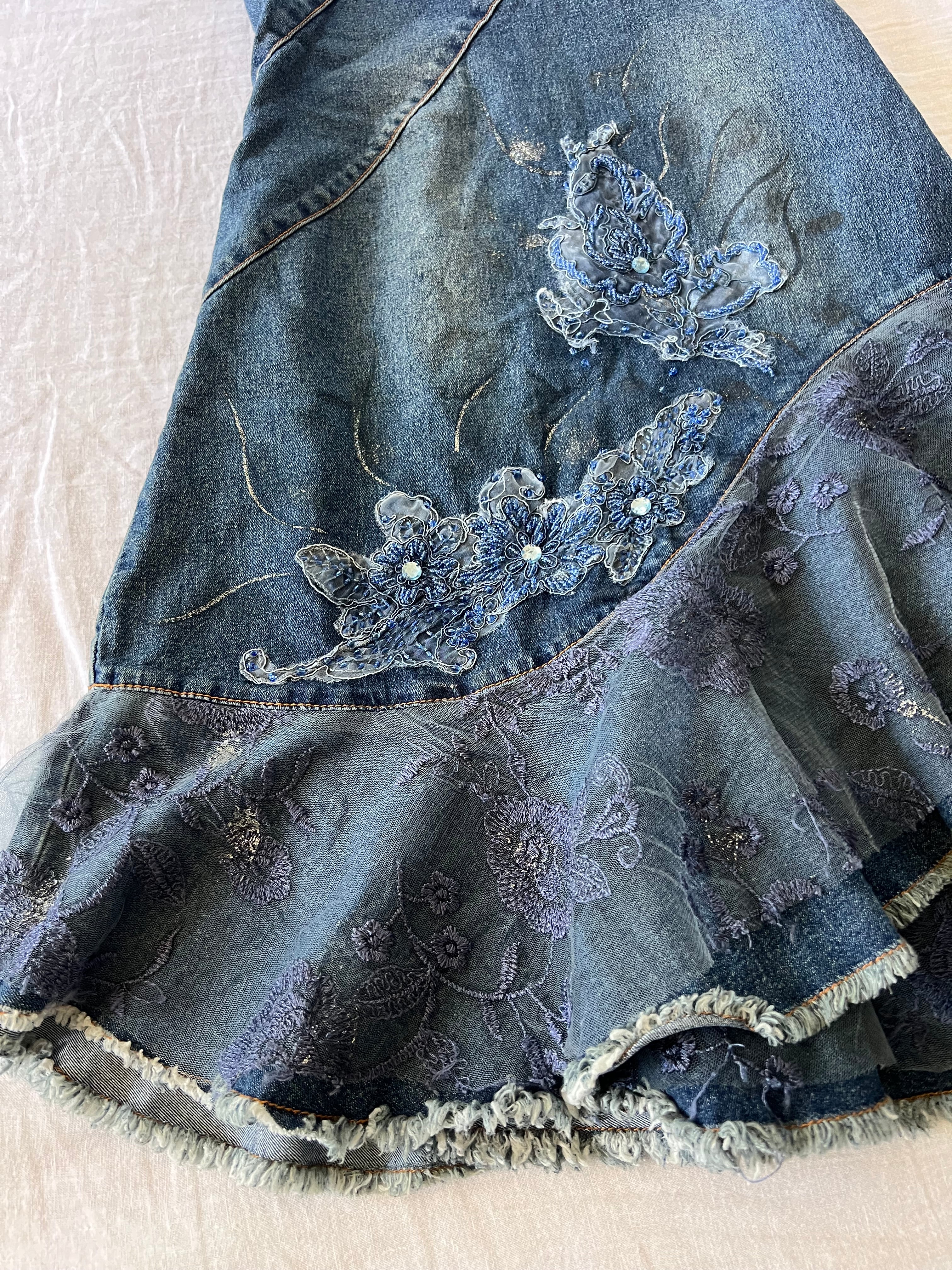 Y2K Euro Fairy Midi Beaded Denim Skirt