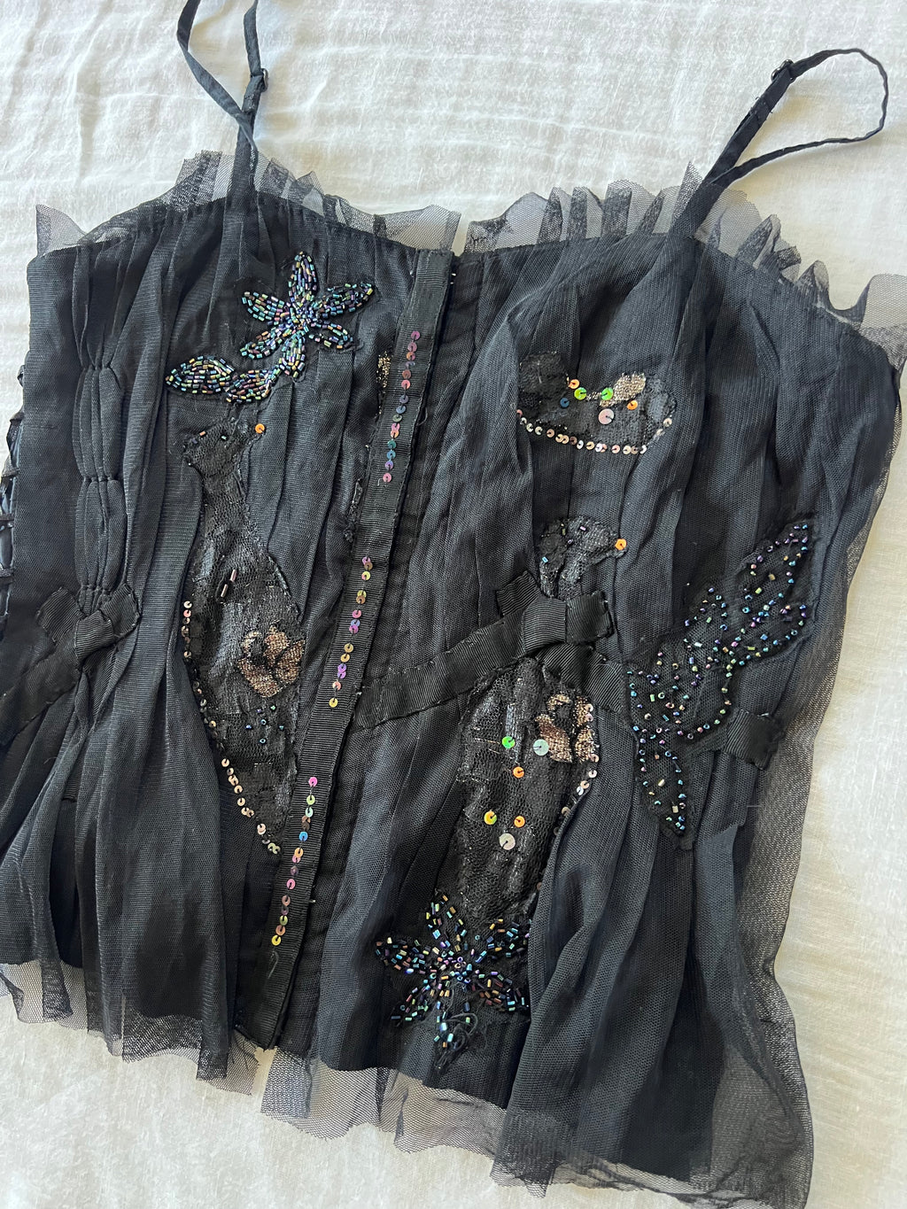 Y2K French Corset Ruffled Beaded Top