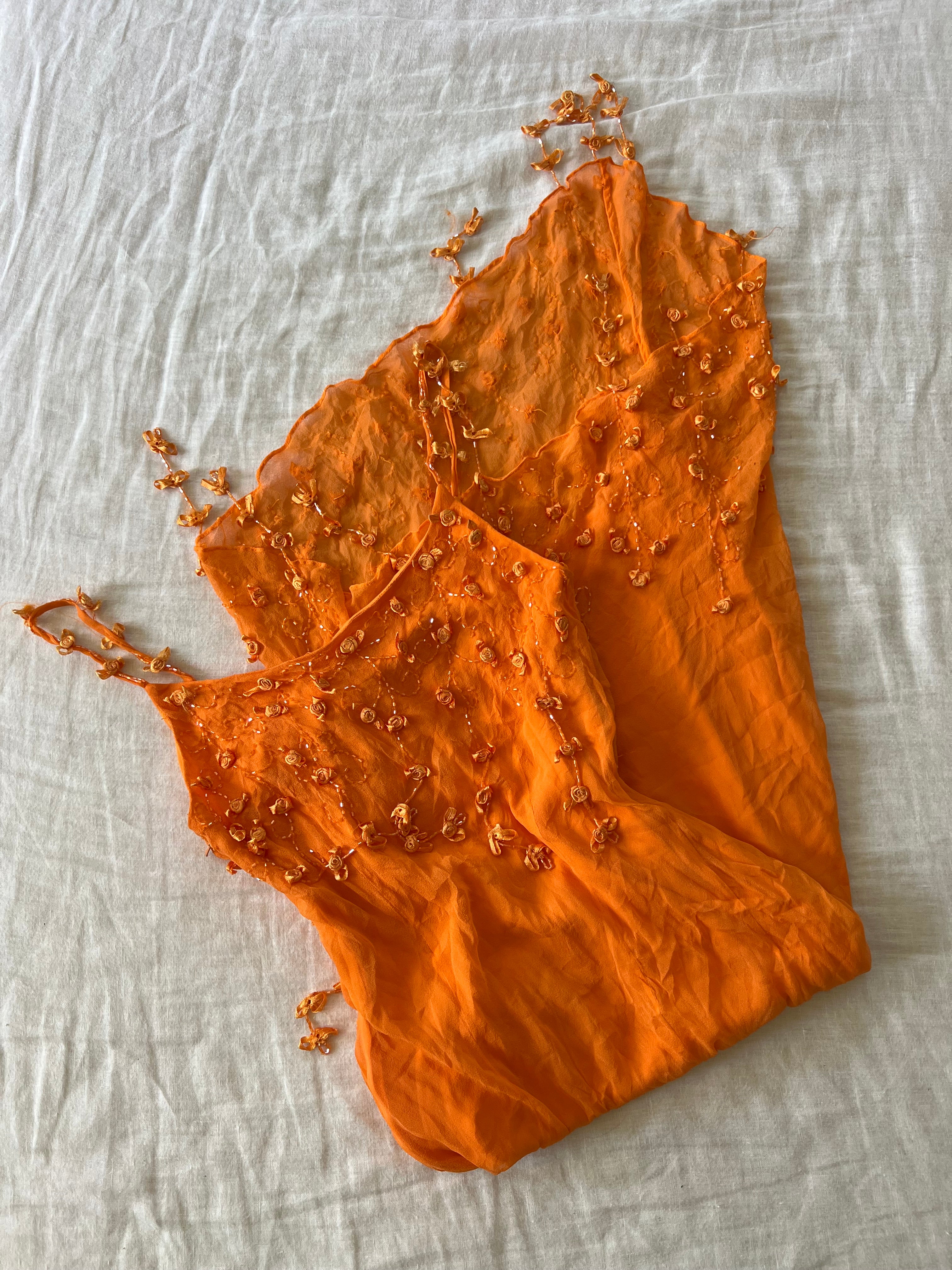 100% Silk Y2K Euro Orange Summer Beaded Droplet Dress