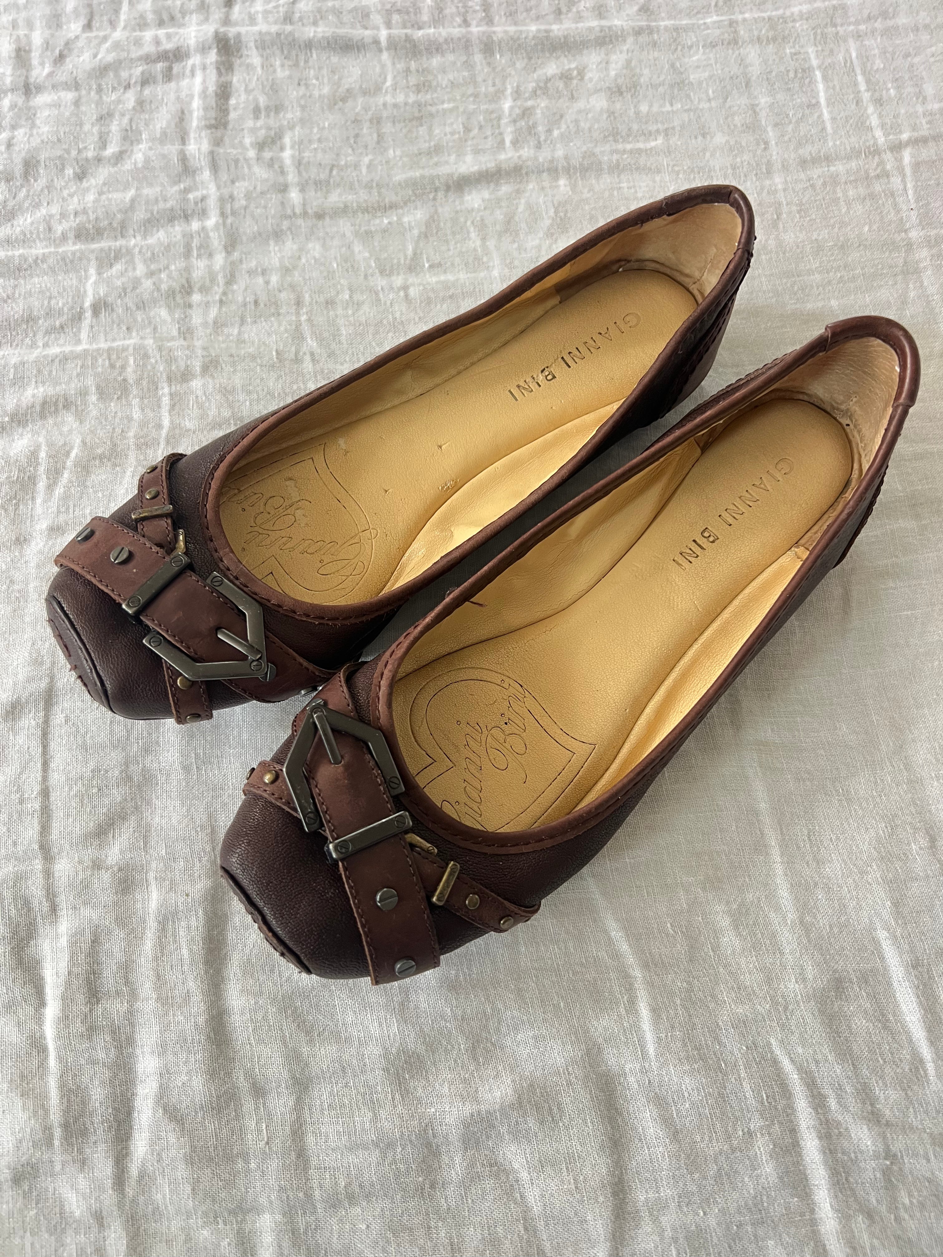 Buckle Front Brown Leather Flats