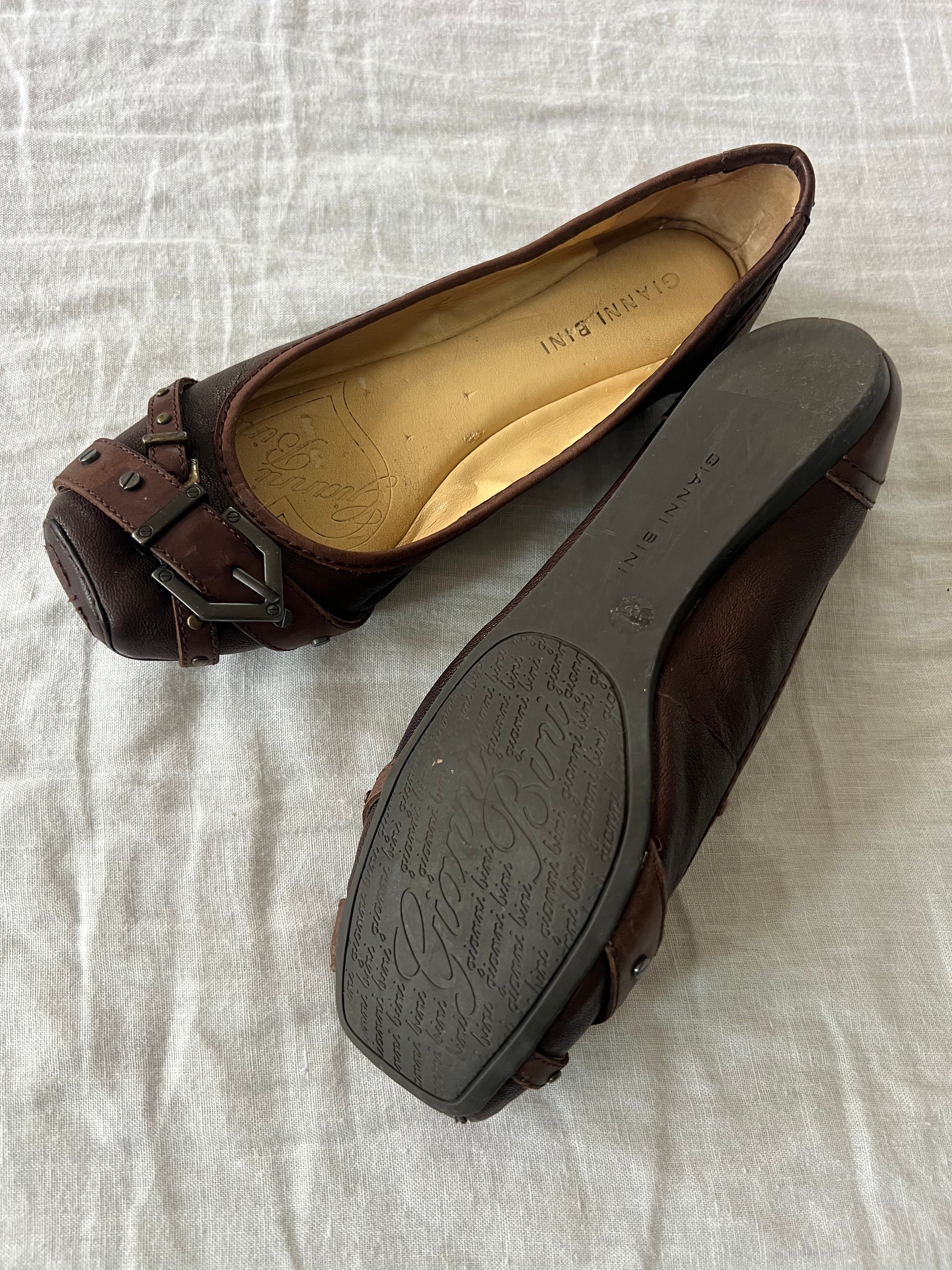Buckle Front Brown Leather Flats