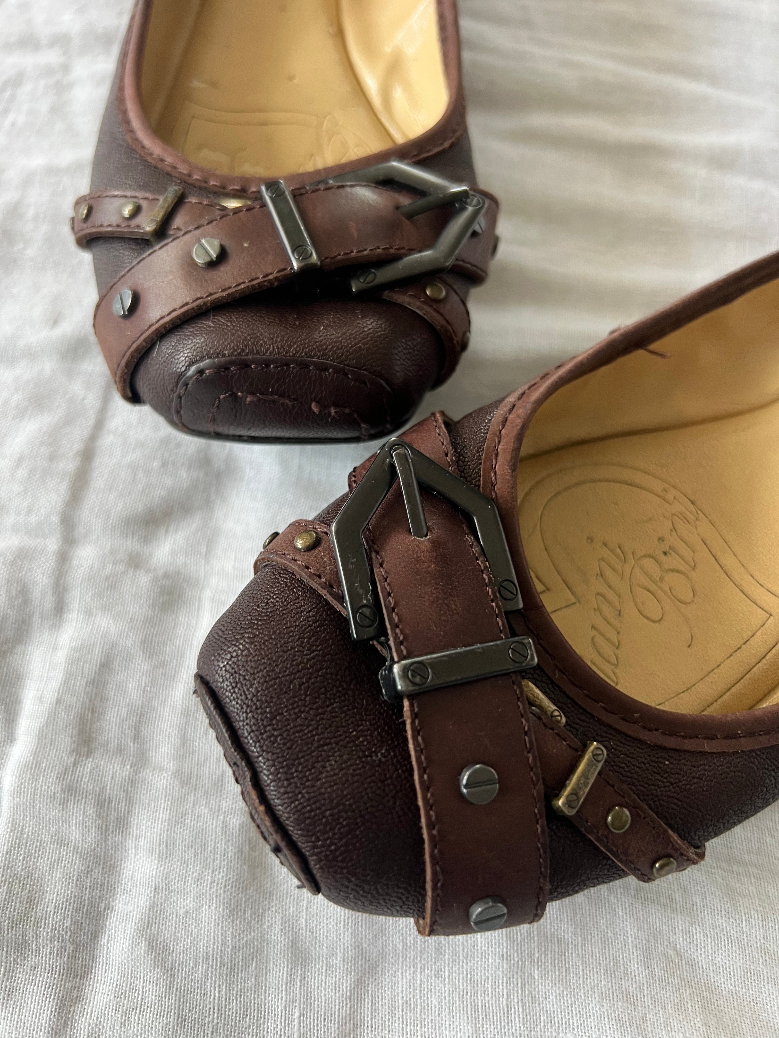 Buckle Front Brown Leather Flats